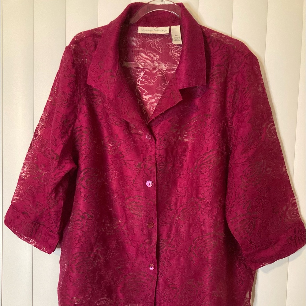 French Laundry Size 2X Floral Lace Sheer Button-Up Fuchsia Vacation Resort Wear